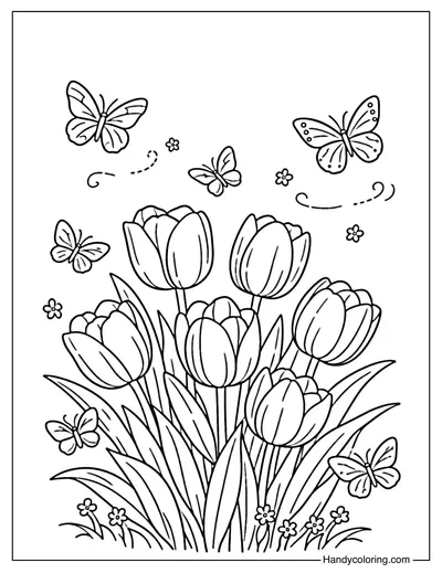 Tulips and Butterflies Coloring Page