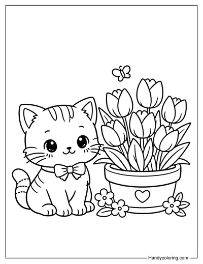 Tulips and Cute Cat Coloring Page