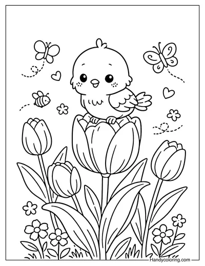 Tulips and Little Bird Coloring Page