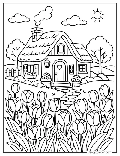 Tulips and Little House Coloring Page