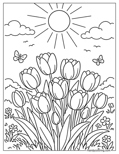 Tulips and Sun Coloring Page