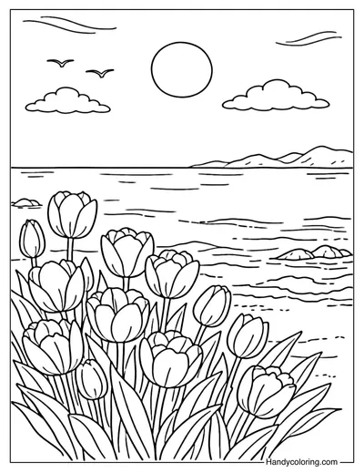 Tulips by the Sea Coloring Page
