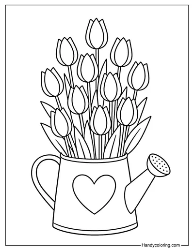 Tulips in Watering Can Coloring Page