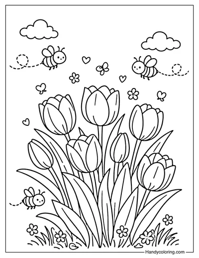 Tulips with Bees Coloring Page