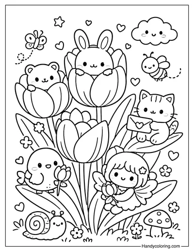 Tulips with Cute Animals Coloring Page