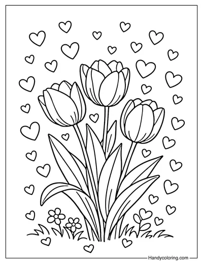 Tulips with Hearts Coloring Page