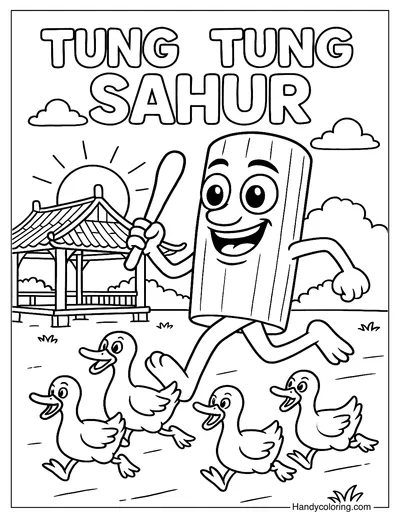 Tung Tung Tung Sahur with Ducks Coloring Page