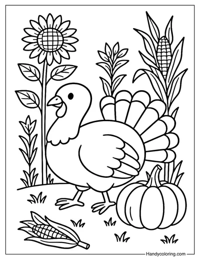 Turkey in the Garden Coloring Page