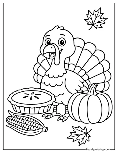 Turkey with Thanksgiving Table Coloring Page