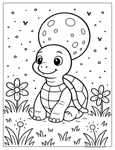 Turtle and Fireflies Night Scene Coloring Page