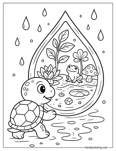 Turtle in a Raindrop World Coloring Page