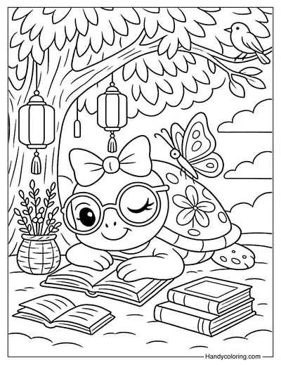 Turtle Under a Tree Coloring Page
