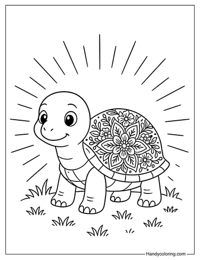 Turtle with Floral Shell Mandala Coloring Page