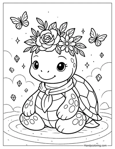 Turtle with Nature Crown Coloring Page