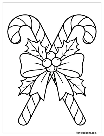 Twin Candy Canes with Holly Bow Coloring Page