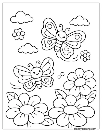 Two Butterflies Flying Among Big Flowers