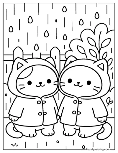 Two Cats in Rain Coloring Page