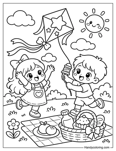 Two Children Picnicking and Flying Kite