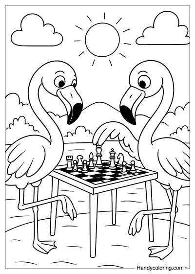 Two Flamingos Playing Chess Coloring Page