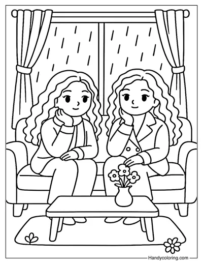 Two Girls in Rainy Day Coloring Page