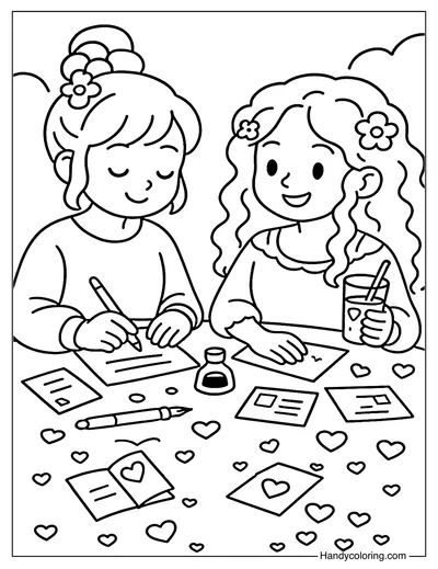 Two Girls Writing Letters Coloring Page