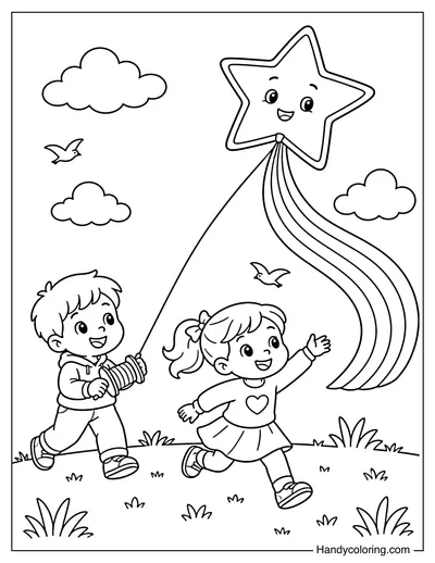 Two Kids Flying a Rainbow Tail Kite