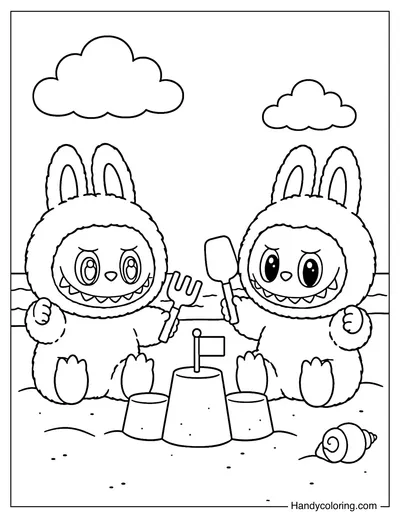 Two Labubu Building Sandcastle
