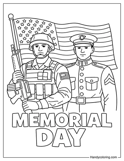 Two Soldiers Standing Before American Flag