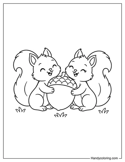 Two Squirrels Sharing One Giant Acorn