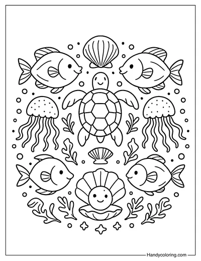Undersea Mandala with Sea Creatures Coloring Page