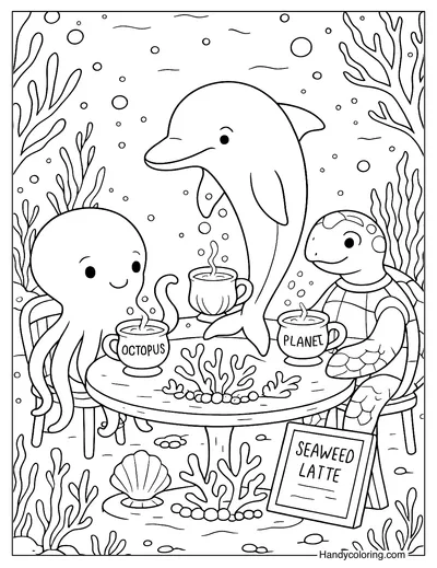 Underwater Coffee Party Coloring Page