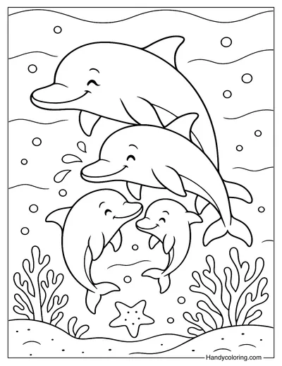 Underwater Dolphin Family Coloring Page