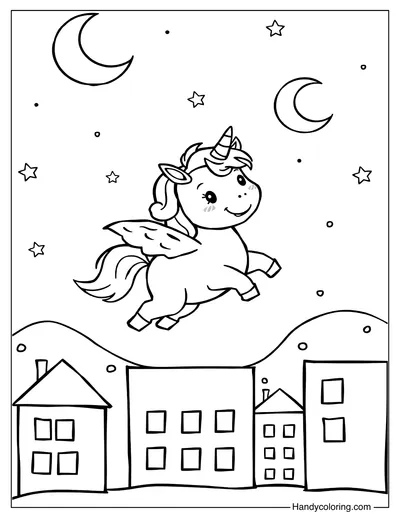 Unicorn Flying Over The City Coloring