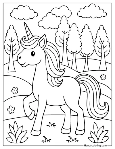 Unicorn in a Park Coloring Book