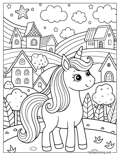 Unicorn in a Village Coloring To Print