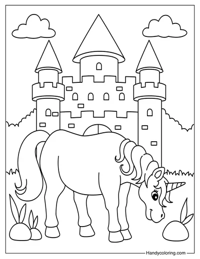 Unicorn with Castle Coloring Page