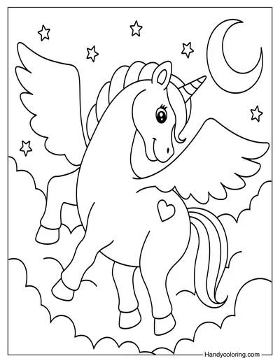 Unicorn with Moon Free Coloring Page