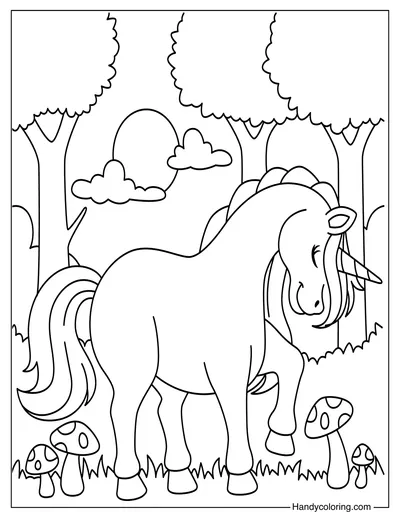 Unicorn with Mushrooms Coloring