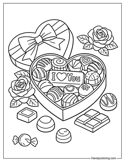Valentine Chocolate Heart Gift Coloring Page