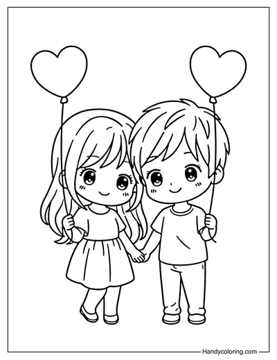 Valentine Couple Chibi Coloring Page