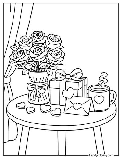 Valentine Gift Table Coloring Page