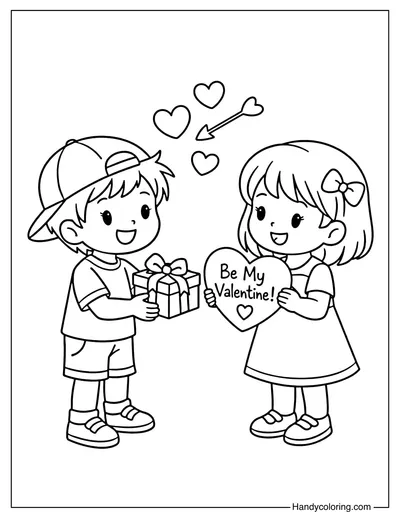 Valentine Kids Friendship Coloring Page