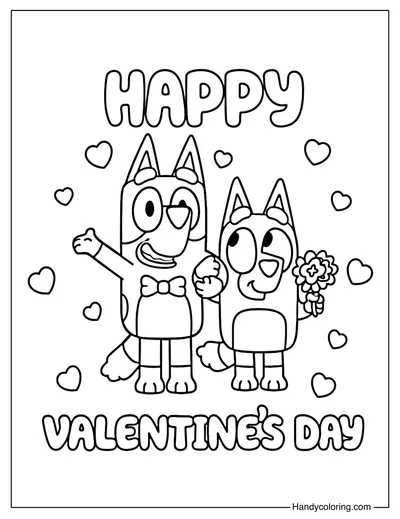 Valentines Day Bluey and Bingo Coloring Page