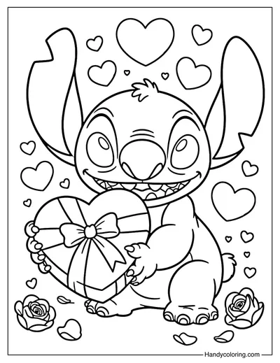 Valentine's Day Stitch with Chocolates Coloring Page