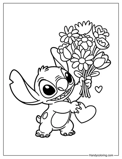 Valentines Day Stitch with Flower Bouquet Coloring Page