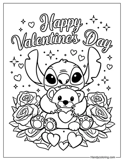 Valentine's Day Stitch with Teddy Bear Coloring Page