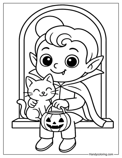 Vampire and Black Cat Coloring Page