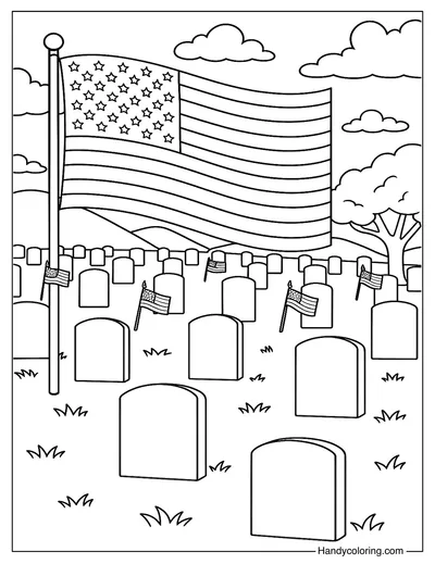 Veterans Cemetery Flag Tribute Coloring Page