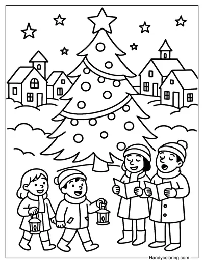 Village Celebration Christmas Tree Coloring Page