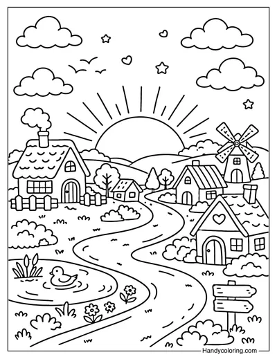 Village Sunset Scene